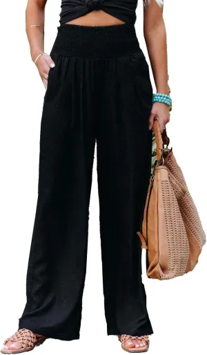 Women's Lightweight Wide Leg High Waist Culottes with Elastic Waist Casual Pants(m-Black)
