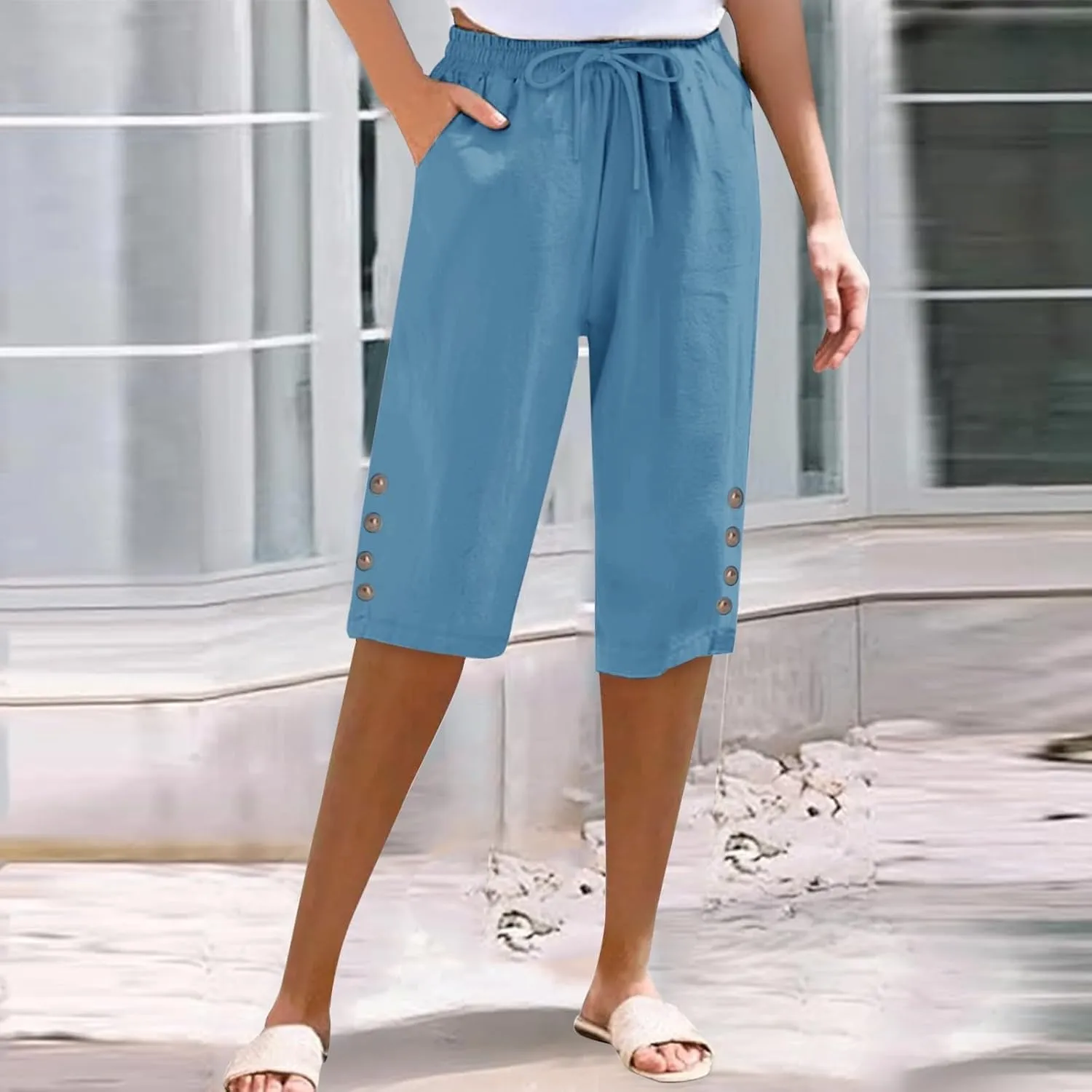 Women's Linen Cropped Drawstring Waist Capri Plus Size Wide Leg Loose Cotton Pocket Capri Pants Workout Leggings