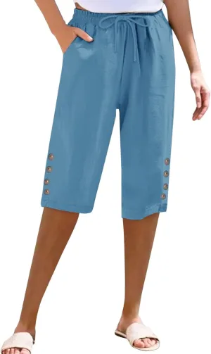 Women's Linen Cropped Drawstring Waist Capri Plus Size Wide Leg Loose Cotton Pocket Capri Pants Workout Leggings