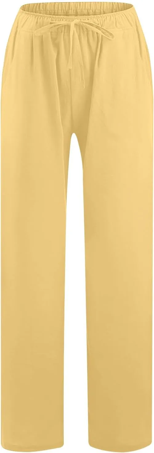 Womens Linen Flowy Pants Fashion Flowy Drawstring Palazzo Pants Summer Comfy Wide Leg Trousers with Pockets