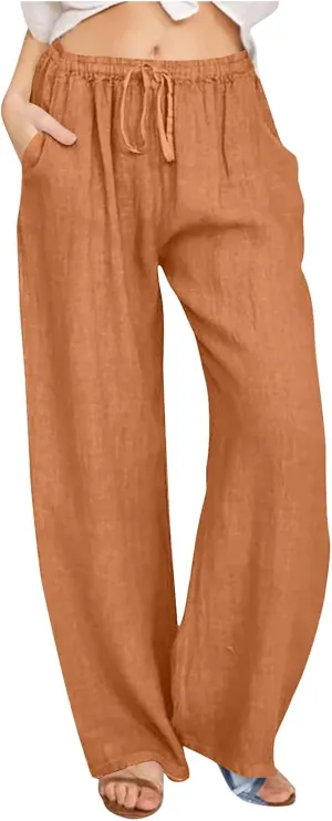 Womens Linen Flowy Pants Fashion Flowy Drawstring Palazzo Pants Summer Comfy Wide Leg Trousers with Pockets