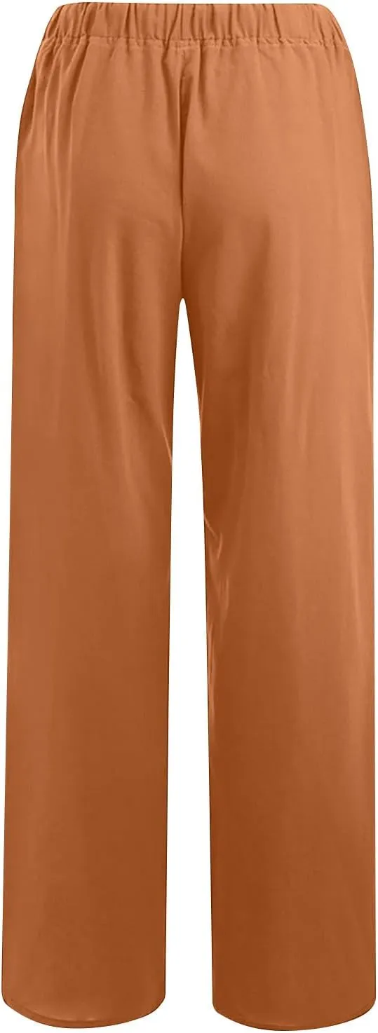 Womens Linen Flowy Pants Fashion Flowy Drawstring Palazzo Pants Summer Comfy Wide Leg Trousers with Pockets
