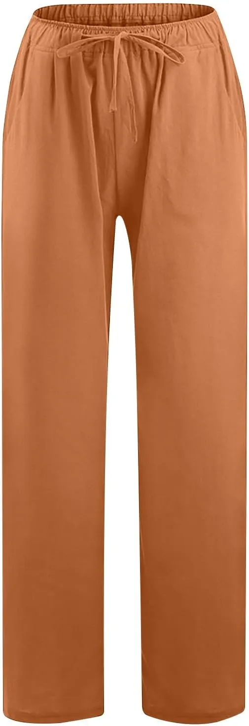 Womens Linen Flowy Pants Fashion Flowy Drawstring Palazzo Pants Summer Comfy Wide Leg Trousers with Pockets
