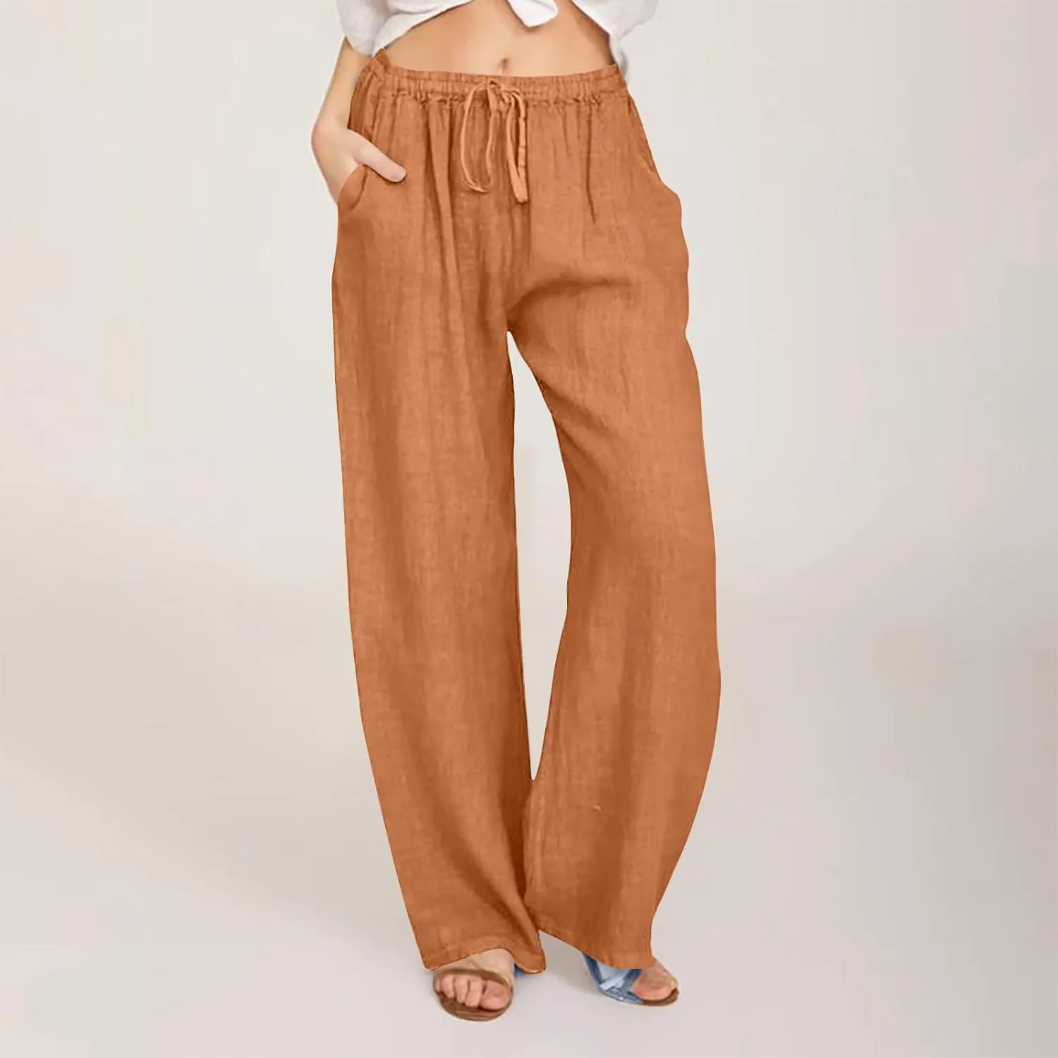 Womens Linen Flowy Pants Fashion Flowy Drawstring Palazzo Pants Summer Comfy Wide Leg Trousers with Pockets