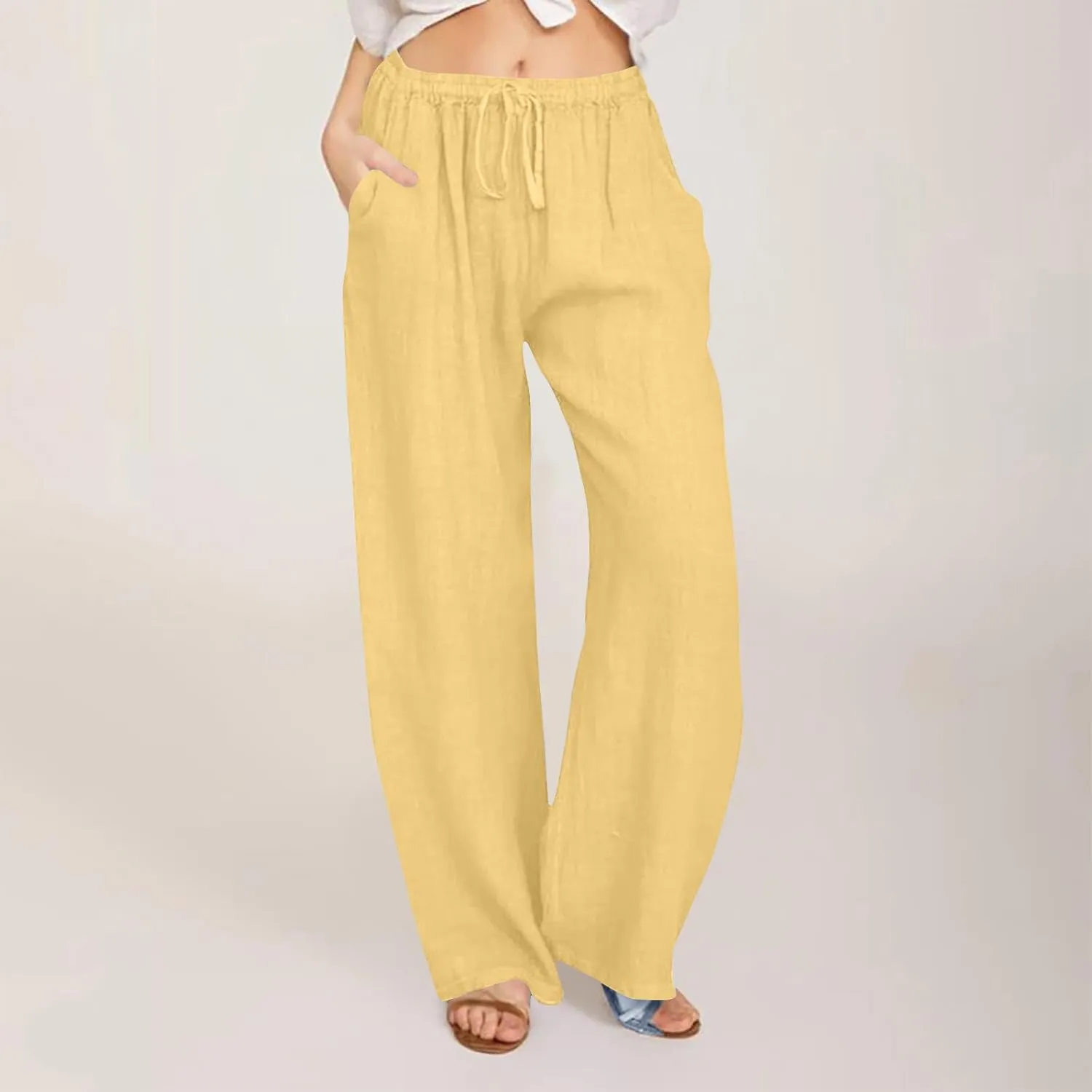 Womens Linen Flowy Pants Fashion Flowy Drawstring Palazzo Pants Summer Comfy Wide Leg Trousers with Pockets