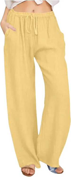 Womens Linen Flowy Pants Fashion Flowy Drawstring Palazzo Pants Summer Comfy Wide Leg Trousers with Pockets