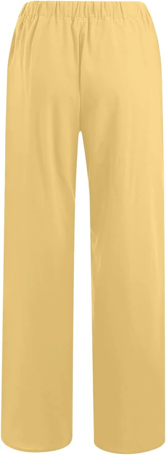 Womens Linen Flowy Pants Fashion Flowy Drawstring Palazzo Pants Summer Comfy Wide Leg Trousers with Pockets