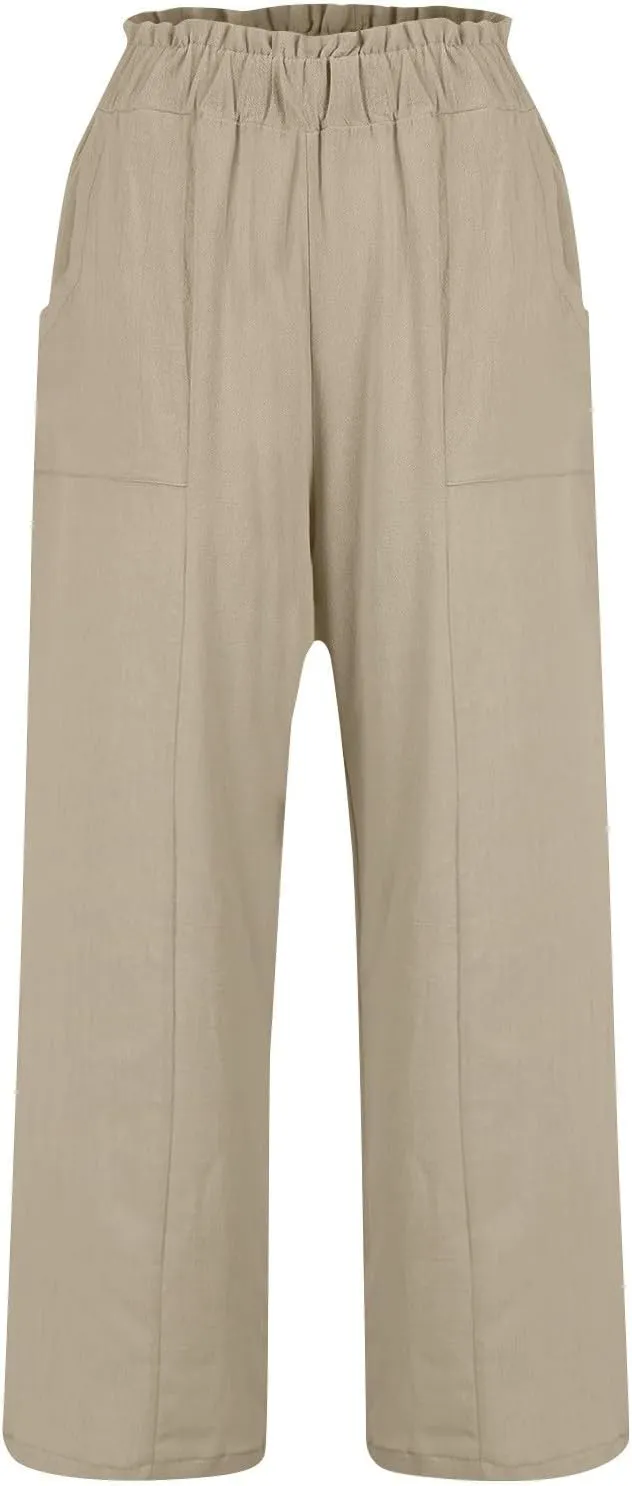 Womens Linen Pants Trendy High Waisted Flare Pants for Women Summer Casual Loose Straight Leg Trousers with Pockets