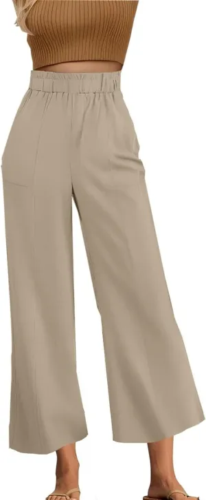 Womens Linen Pants Trendy High Waisted Flare Pants for Women Summer Casual Loose Straight Leg Trousers with Pockets