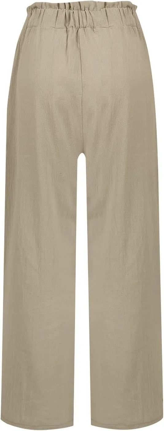 Womens Linen Pants Trendy High Waisted Flare Pants for Women Summer Casual Loose Straight Leg Trousers with Pockets