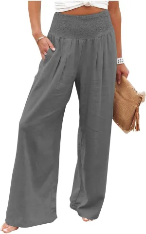 Womens Linen Wide Leg Palazzo Pants High Waisted Smocked Lounge Trousers with Pockets High Waist Linen Trousers Pant