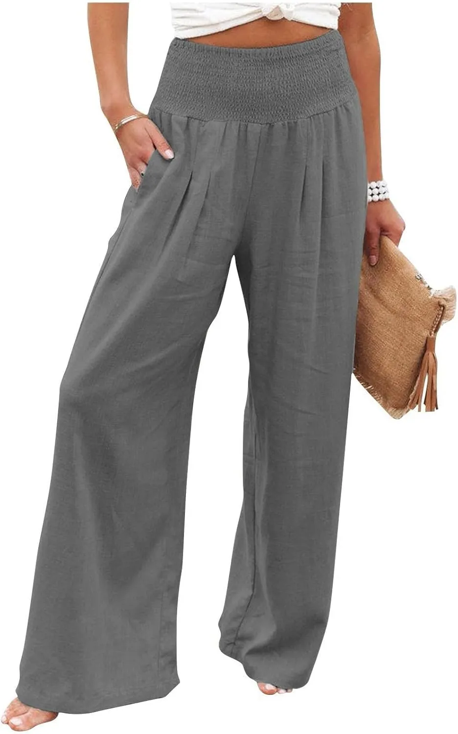 Womens Linen Wide Leg Palazzo Pants High Waisted Smocked Lounge Trousers with Pockets High Waist Linen Trousers Pant