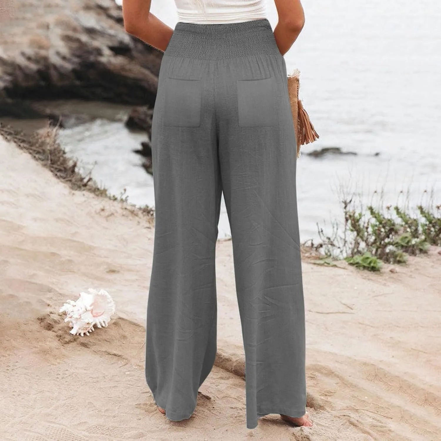 Womens Linen Wide Leg Palazzo Pants High Waisted Smocked Lounge Trousers with Pockets High Waist Linen Trousers Pant