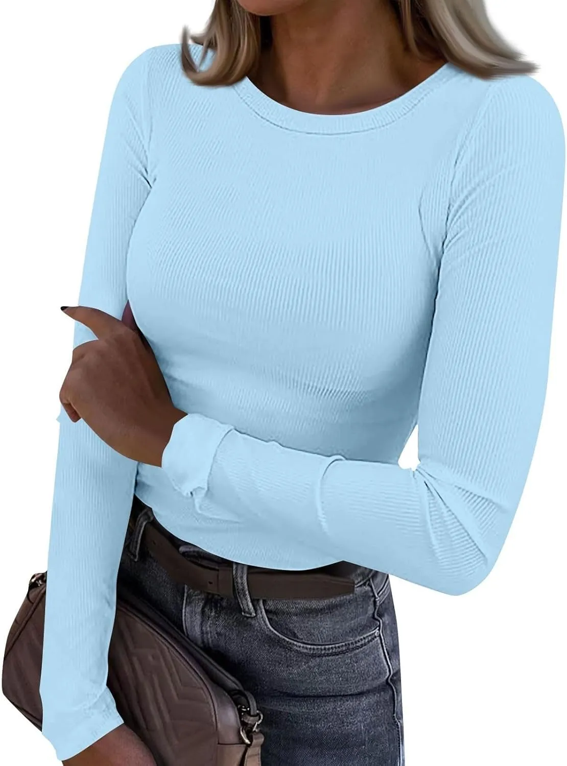 Womens Long Sleeve Crewneck Tops Rib Knit Slim Fit Basic Shirts 2024 Casual T-Shirt Stretchy Going Out Basic Outfits