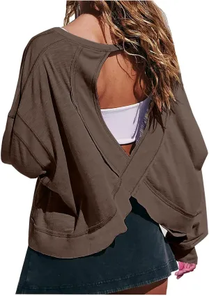 Womens Long Sleeve Tshirts Shirts Crewneck Sweatshirts Tops 2024 Fall Trendy Oversized Tunics Hollow Out Y2K Clothes