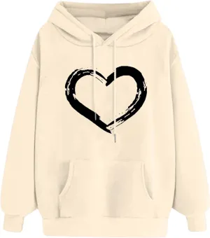 Womens Oversized Graphic Hoodies Casual Long Sleeve Heart Print Pullover Comfort Pocket Long Zip up Hoodie
