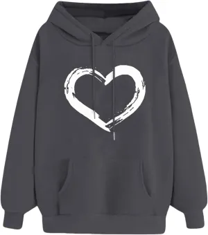 Womens Oversized Graphic Hoodies Casual Long Sleeve Heart Print Pullover Comfort Pocket Long Zip up Hoodie