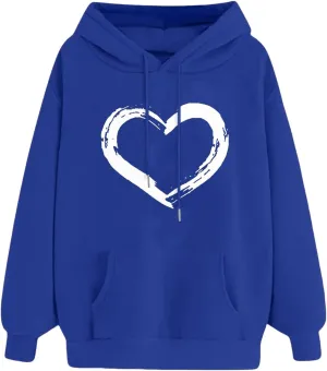 Womens Oversized Graphic Hoodies Casual Long Sleeve Heart Print Pullover Comfort Pocket Long Zip up Hoodie