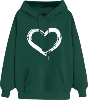 Womens Oversized Graphic Hoodies Casual Long Sleeve Heart Print Pullover Comfort Pocket Long Zip up Hoodie