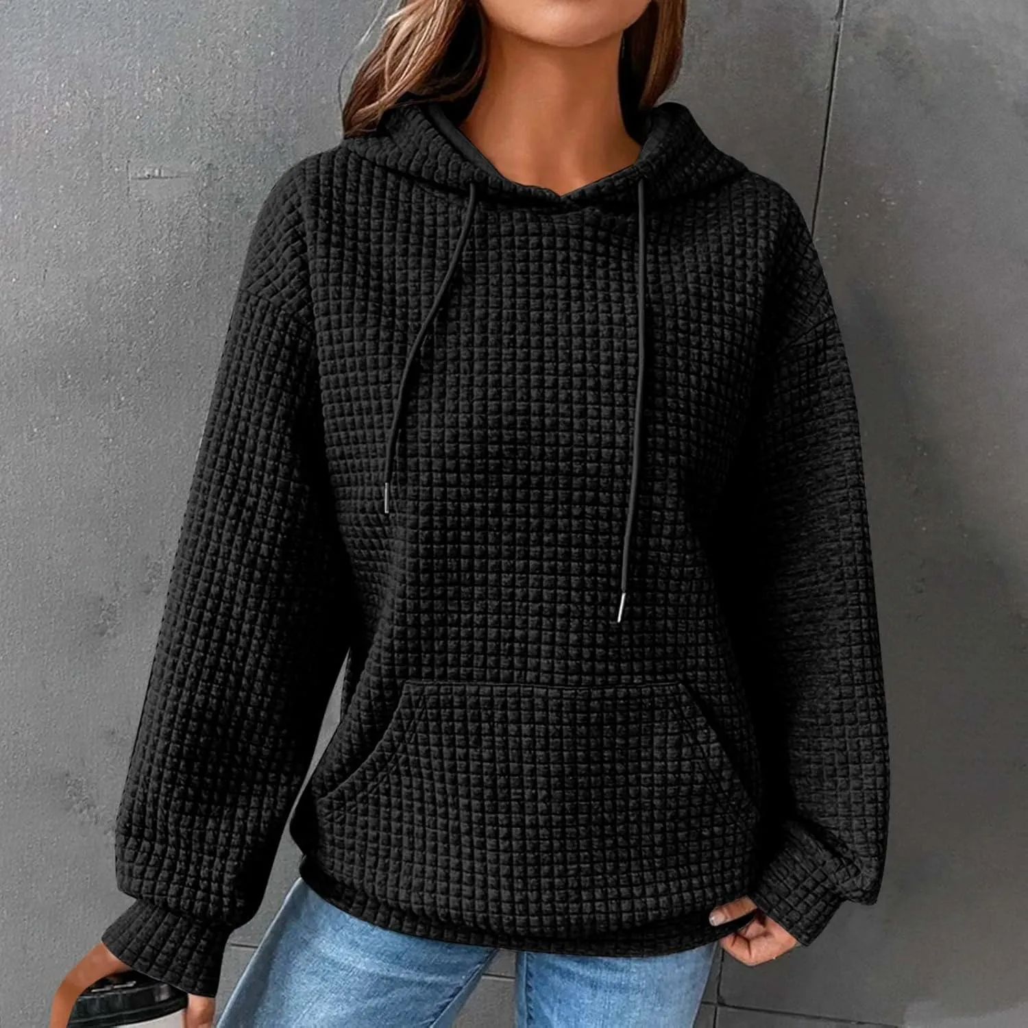 Womens Oversized Hooded Sweatshirts Lightweight Quilted Pullover Hoodies Long Sleeve Dressy Casual Top Fall Outfits