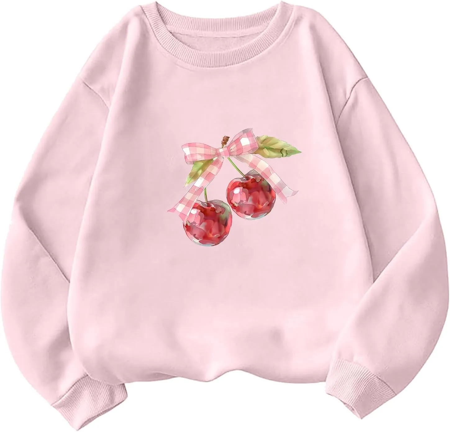 Womens Oversized Sweatshirts Casual Crewneck Long Sleeve Shirts Bow Cherry Printed Outfits Fall Comfy Clothes