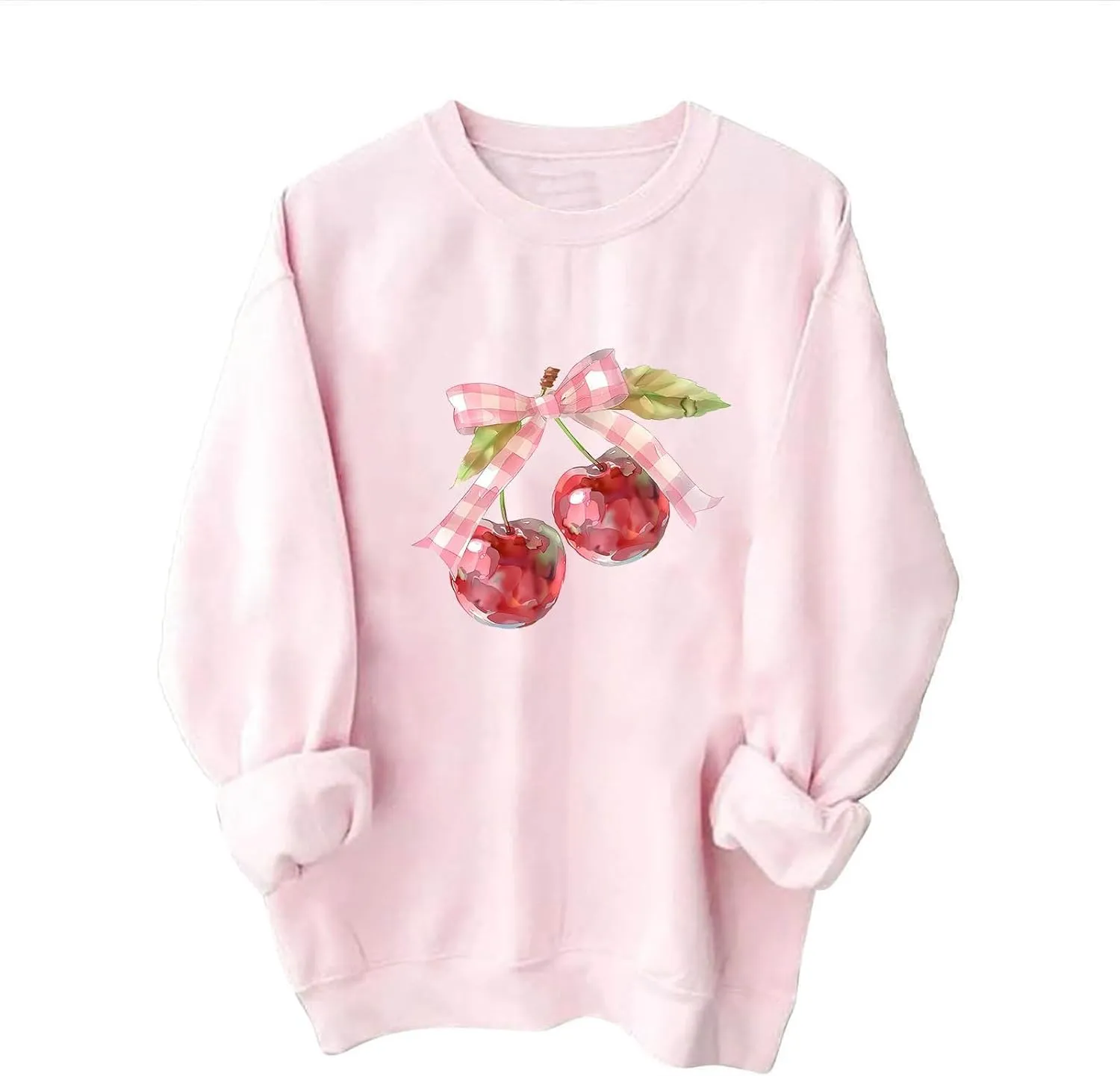 Womens Oversized Sweatshirts Casual Crewneck Long Sleeve Shirts Bow Cherry Printed Outfits Fall Comfy Clothes