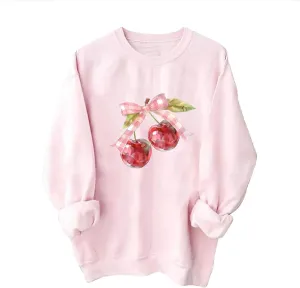 Womens Oversized Sweatshirts Casual Crewneck Long Sleeve Shirts Bow Cherry Printed Outfits Fall Comfy Clothes