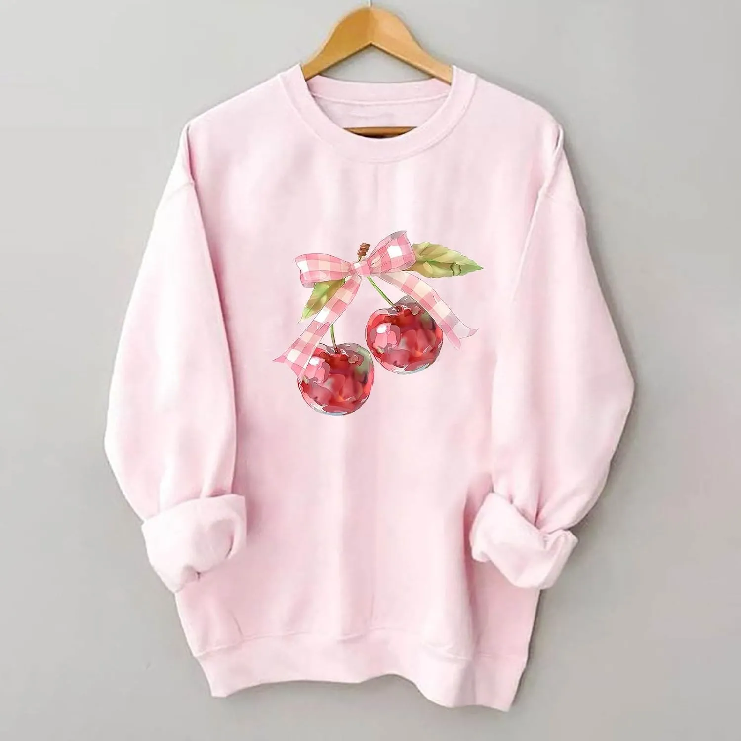 Womens Oversized Sweatshirts Casual Crewneck Long Sleeve Shirts Bow Cherry Printed Outfits Fall Comfy Clothes