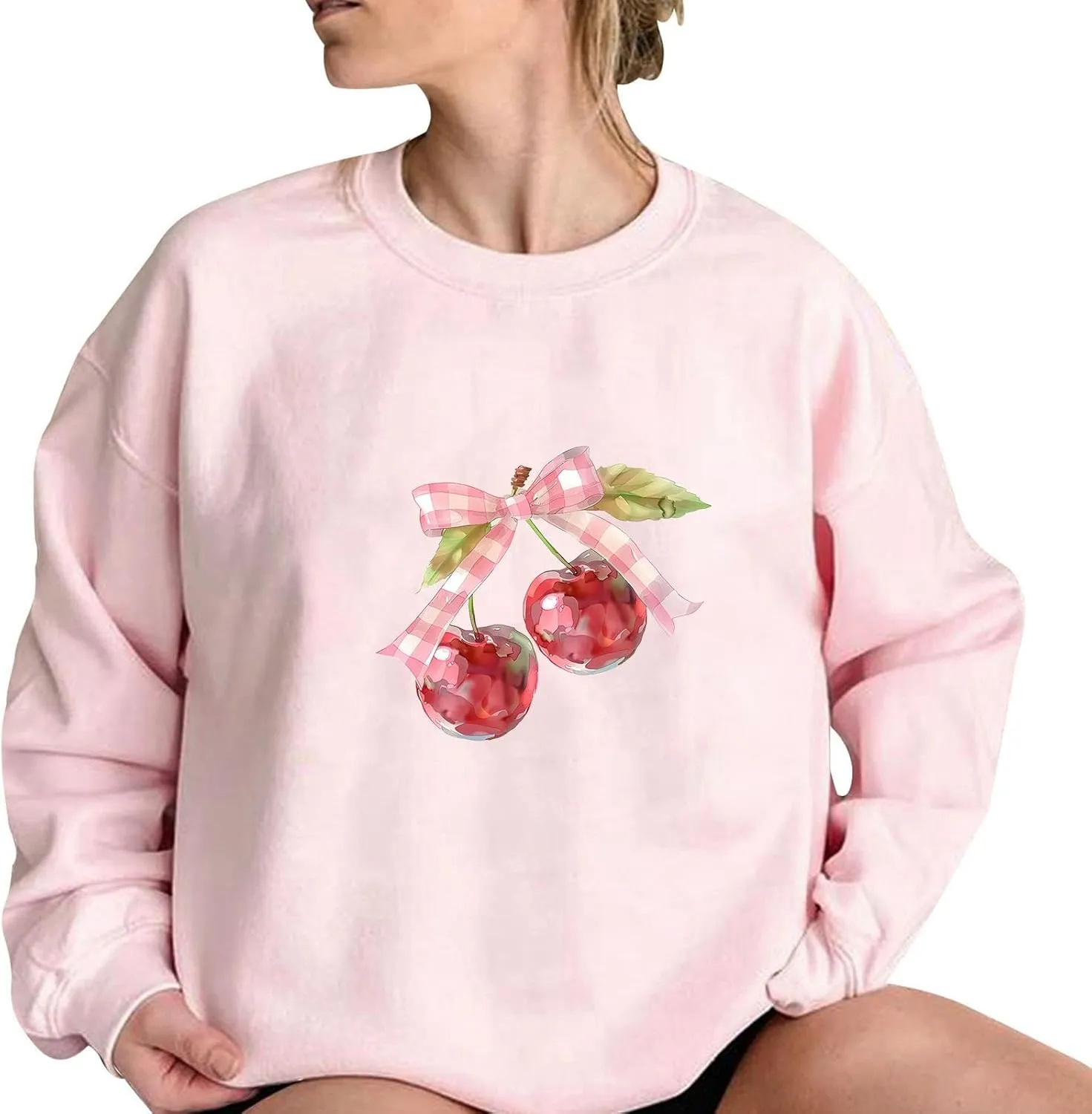 Womens Oversized Sweatshirts Casual Crewneck Long Sleeve Shirts Bow Cherry Printed Outfits Fall Comfy Clothes