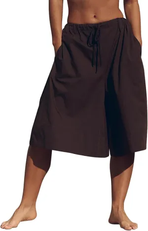 Womens Palazzo Pants Casual Elastic Waist Wide Leg Baggy Culottes Drawstring Cropped Casual Capris with Pockets Brown