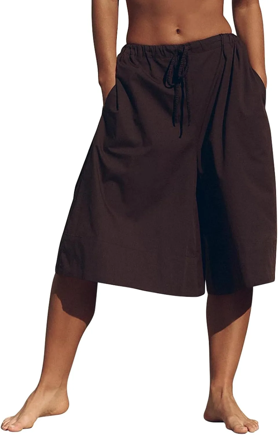 Womens Palazzo Pants Casual Elastic Waist Wide Leg Baggy Culottes Drawstring Cropped Casual Capris with Pockets Brown