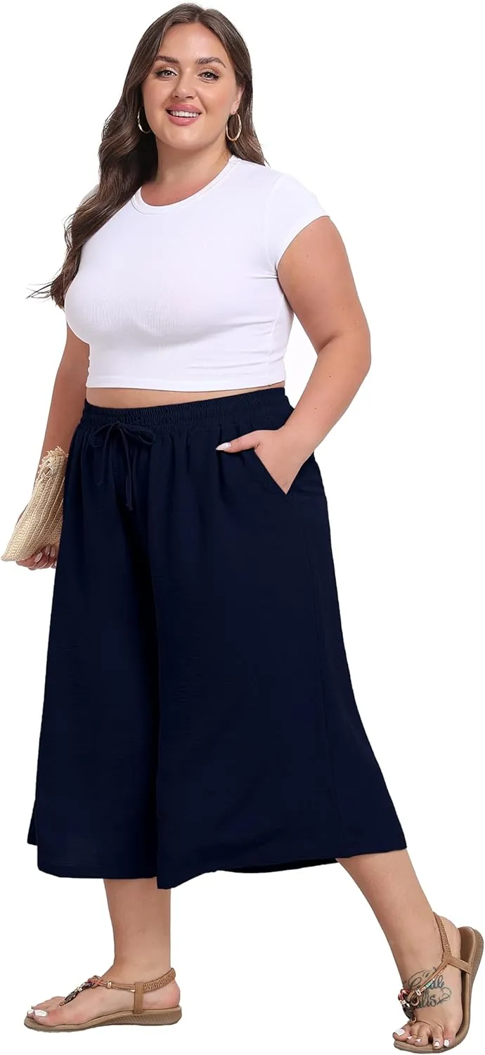 Women's Plus Size Capri Culottes Pants High Waisted Wide Leg Palazzo Trousers with Pockets for Summer Casual Wear