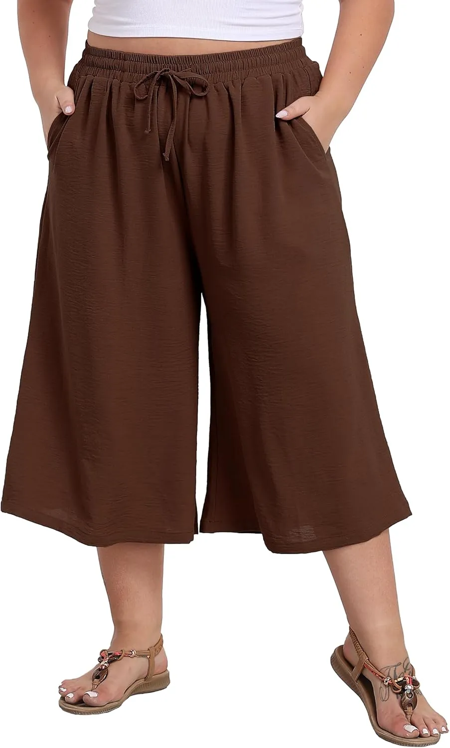 Women's Plus Size Capri Culottes Pants High Waisted Wide Leg Palazzo Trousers with Pockets for Summer Casual Wear