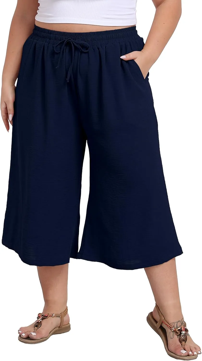 Women's Plus Size Capri Culottes Pants High Waisted Wide Leg Palazzo Trousers with Pockets for Summer Casual Wear