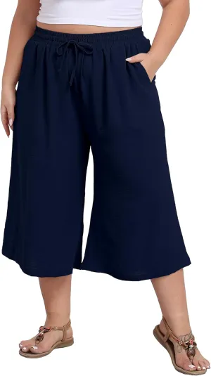 Women's Plus Size Capri Culottes Pants High Waisted Wide Leg Palazzo Trousers with Pockets for Summer Casual Wear