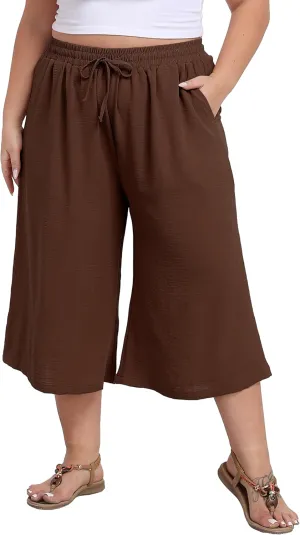 Women's Plus Size Capri Culottes Pants High Waisted Wide Leg Palazzo Trousers with Pockets for Summer Casual Wear