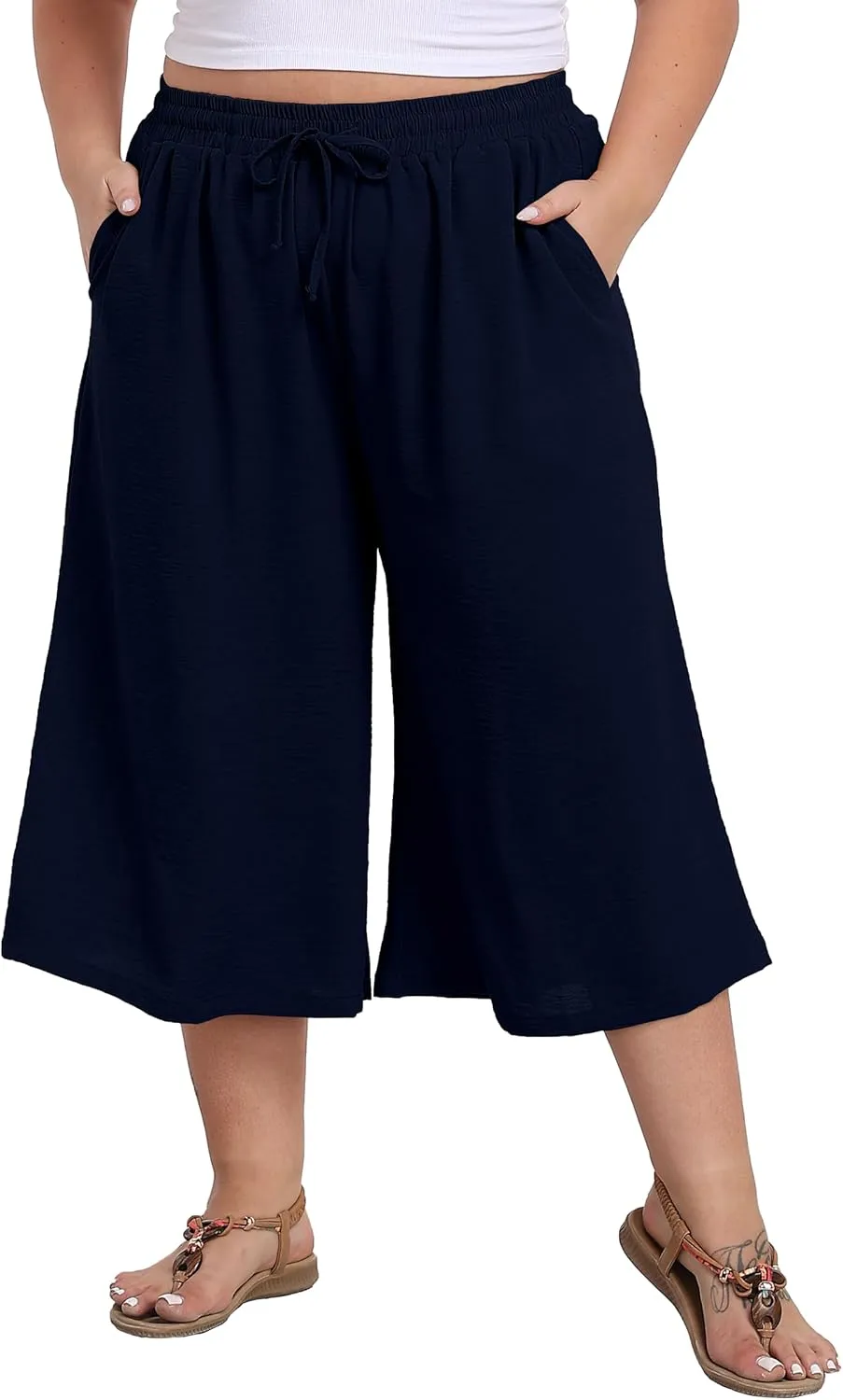 Women's Plus Size Capri Culottes Pants High Waisted Wide Leg Palazzo Trousers with Pockets for Summer Casual Wear