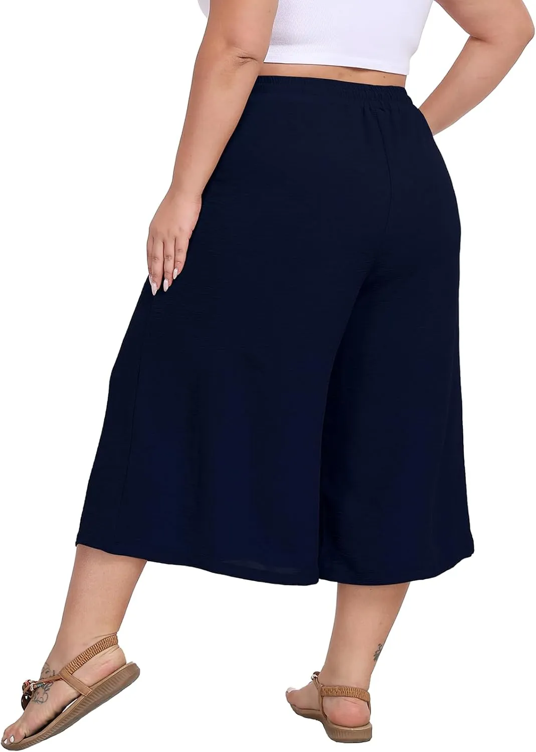 Women's Plus Size Capri Culottes Pants High Waisted Wide Leg Palazzo Trousers with Pockets for Summer Casual Wear
