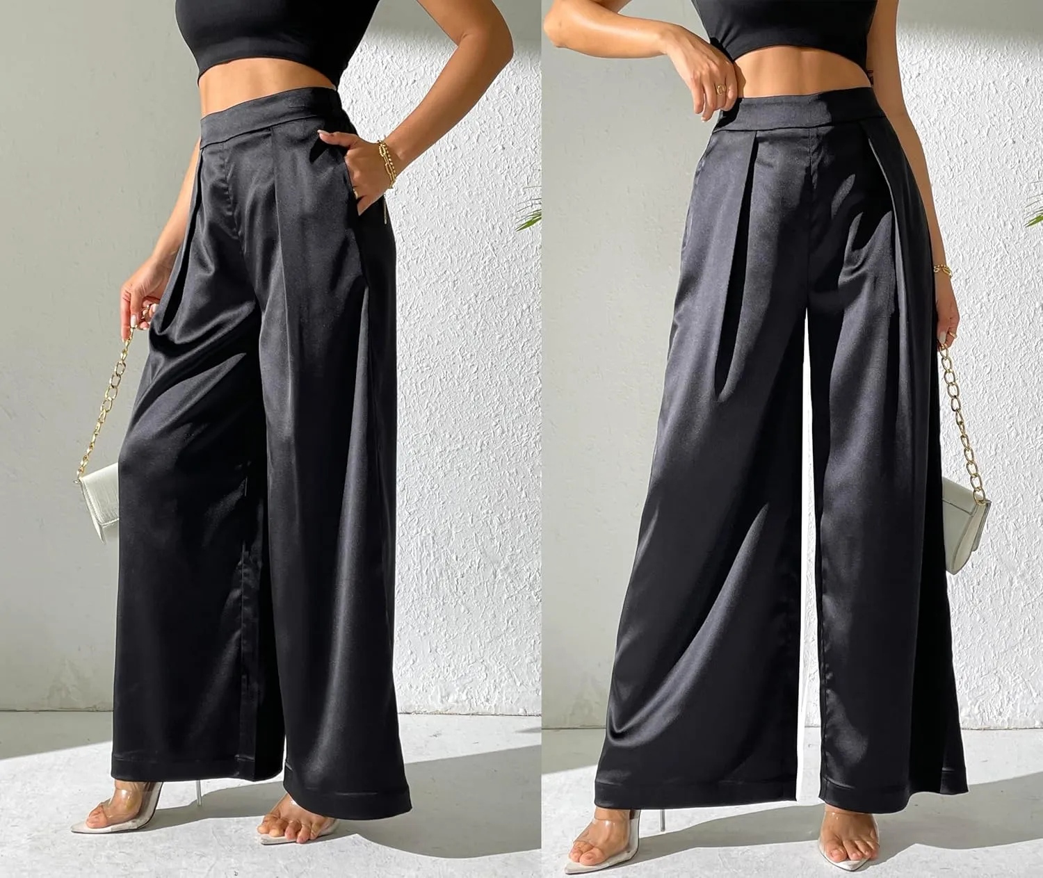 Women's Satin Wide Leg Palazzo Pants Plicated Silky Pull on Party Dress Casual Pant Trouser