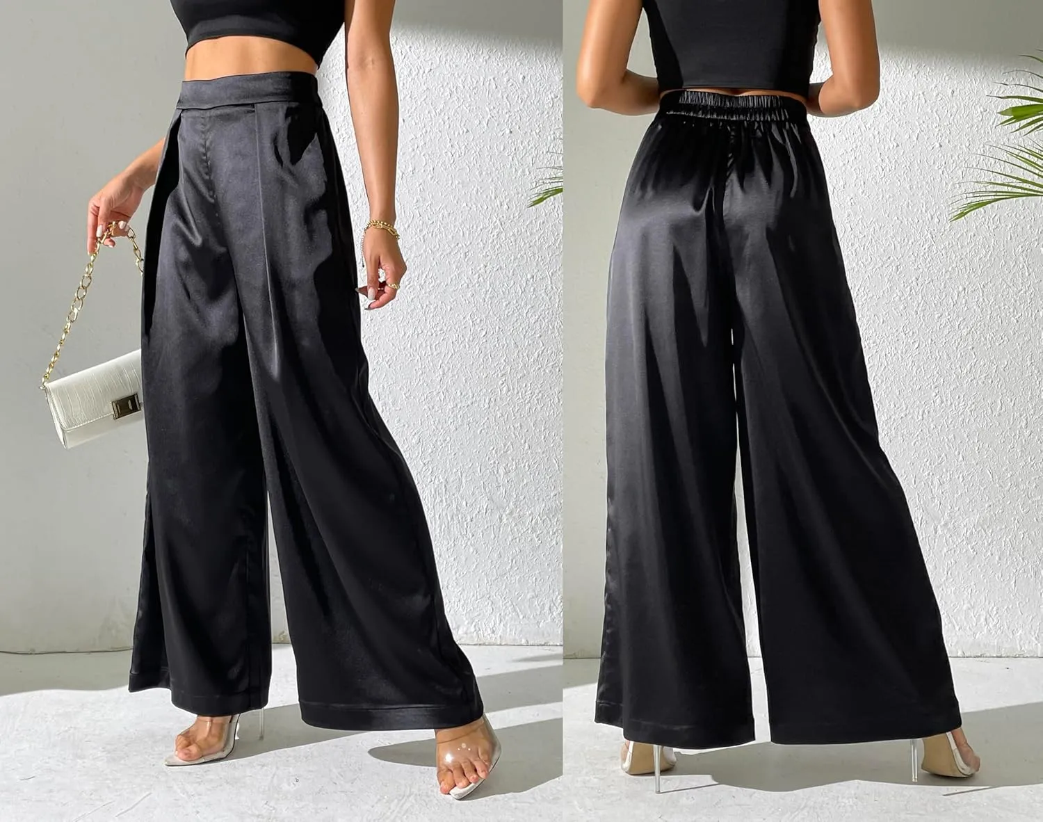 Women's Satin Wide Leg Palazzo Pants Plicated Silky Pull on Party Dress Casual Pant Trouser