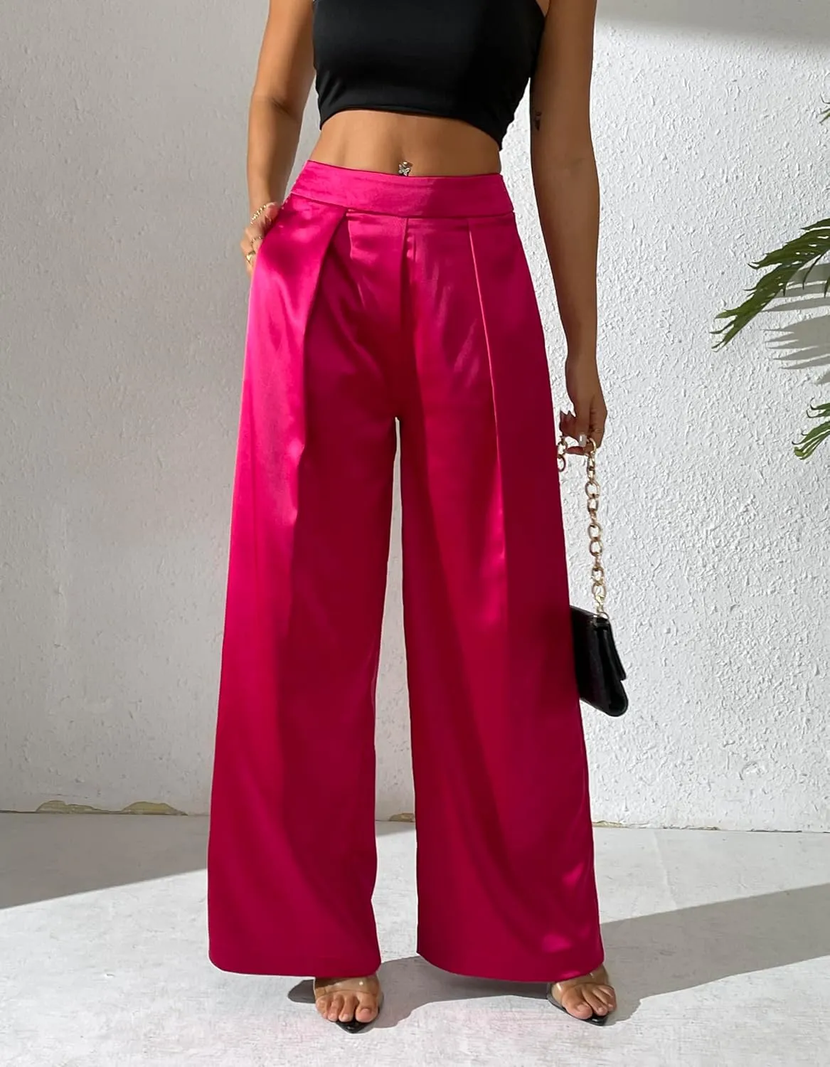 Women's Satin Wide Leg Palazzo Pants Plicated Silky Pull on Party Dress Casual Pant Trouser
