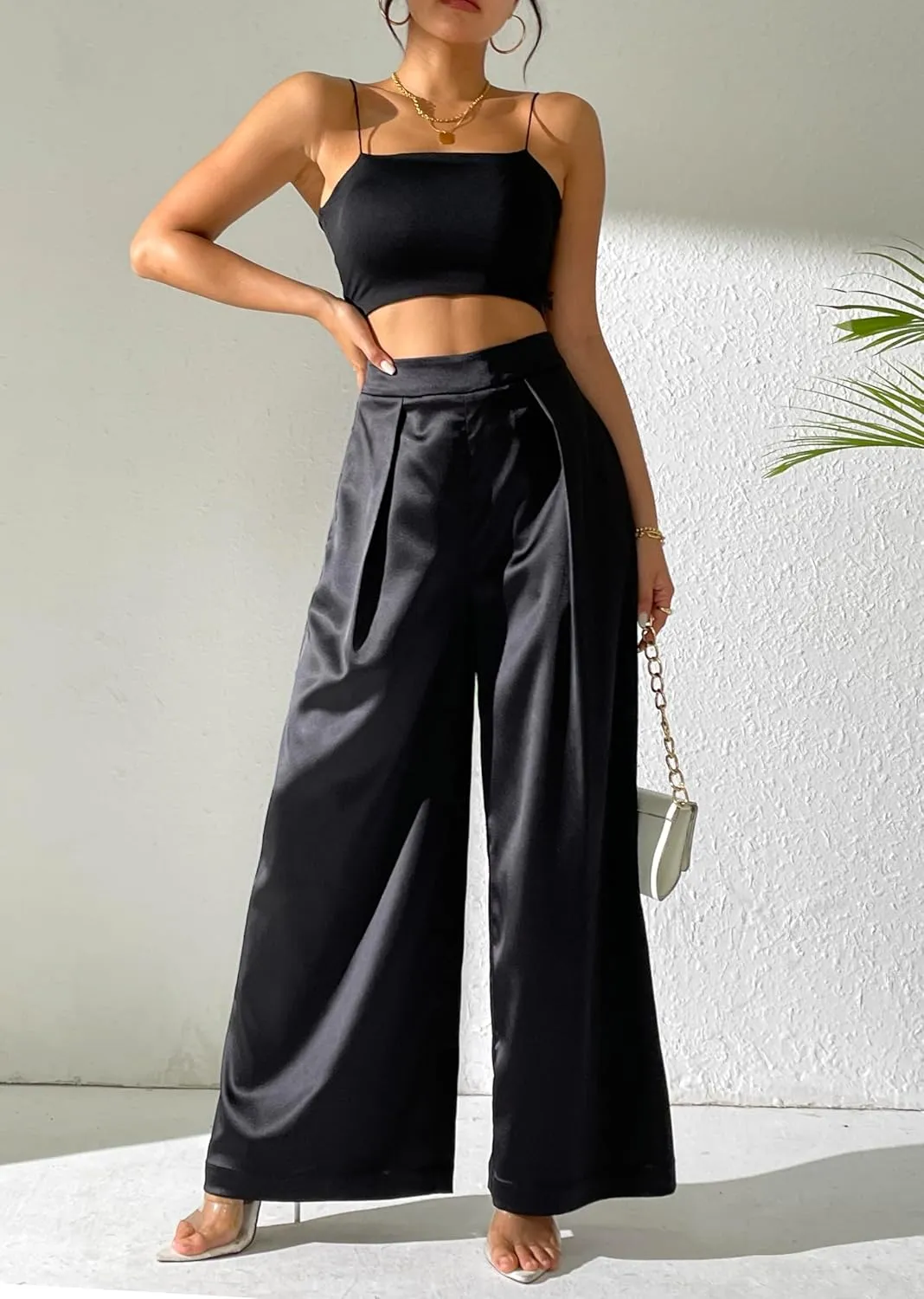 Women's Satin Wide Leg Palazzo Pants Plicated Silky Pull on Party Dress Casual Pant Trouser