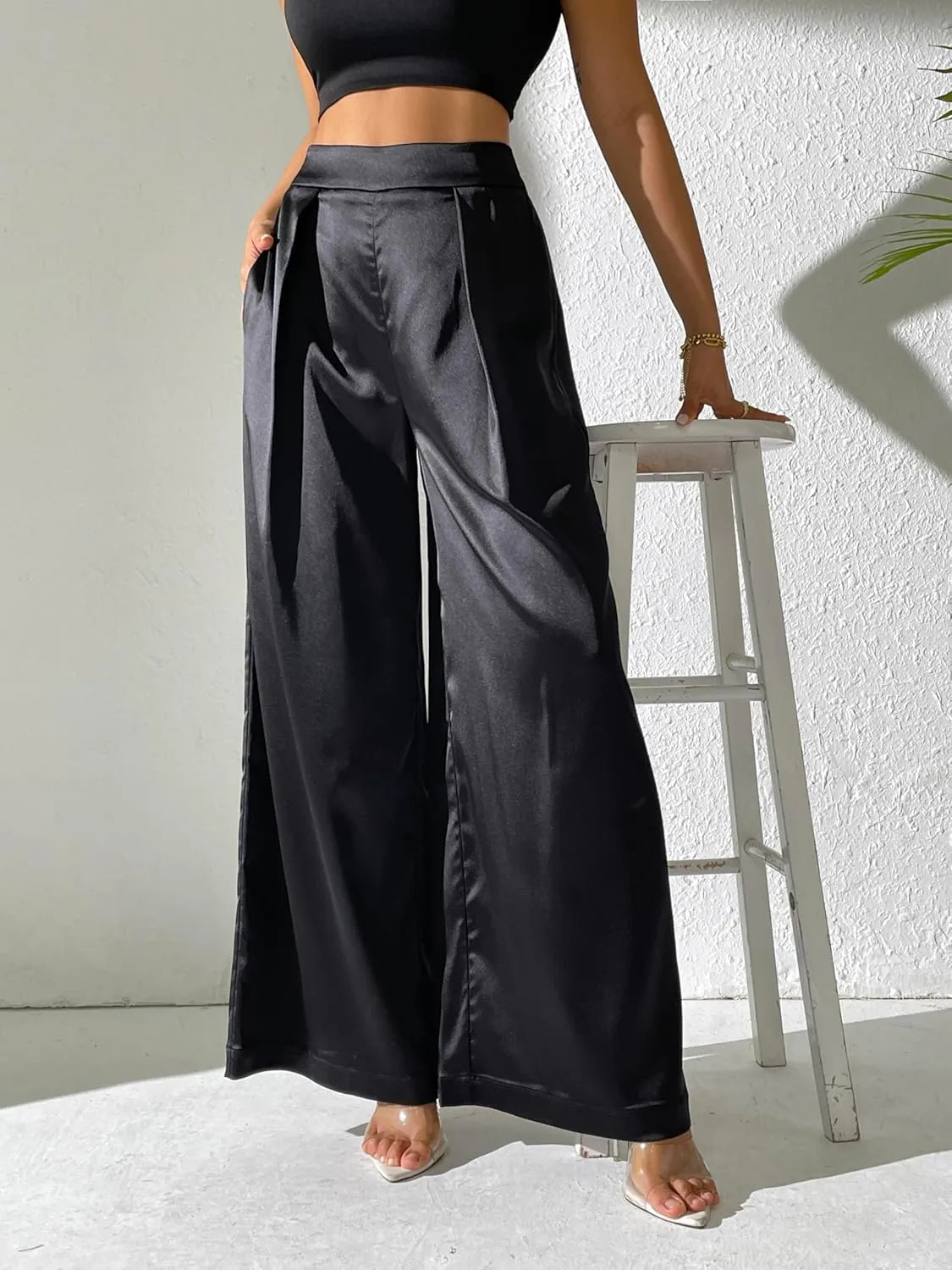 Women's Satin Wide Leg Palazzo Pants Plicated Silky Pull on Party Dress Casual Pant Trouser