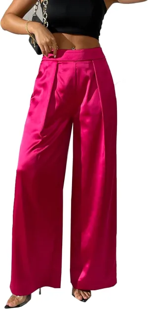Women's Satin Wide Leg Palazzo Pants Plicated Silky Pull on Party Dress Casual Pant Trouser