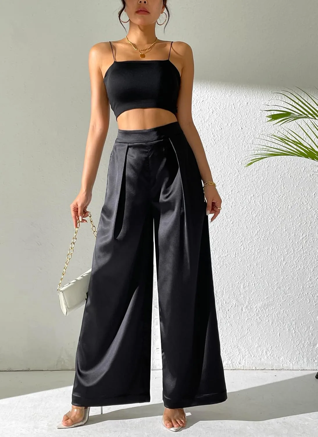 Women's Satin Wide Leg Palazzo Pants Plicated Silky Pull on Party Dress Casual Pant Trouser