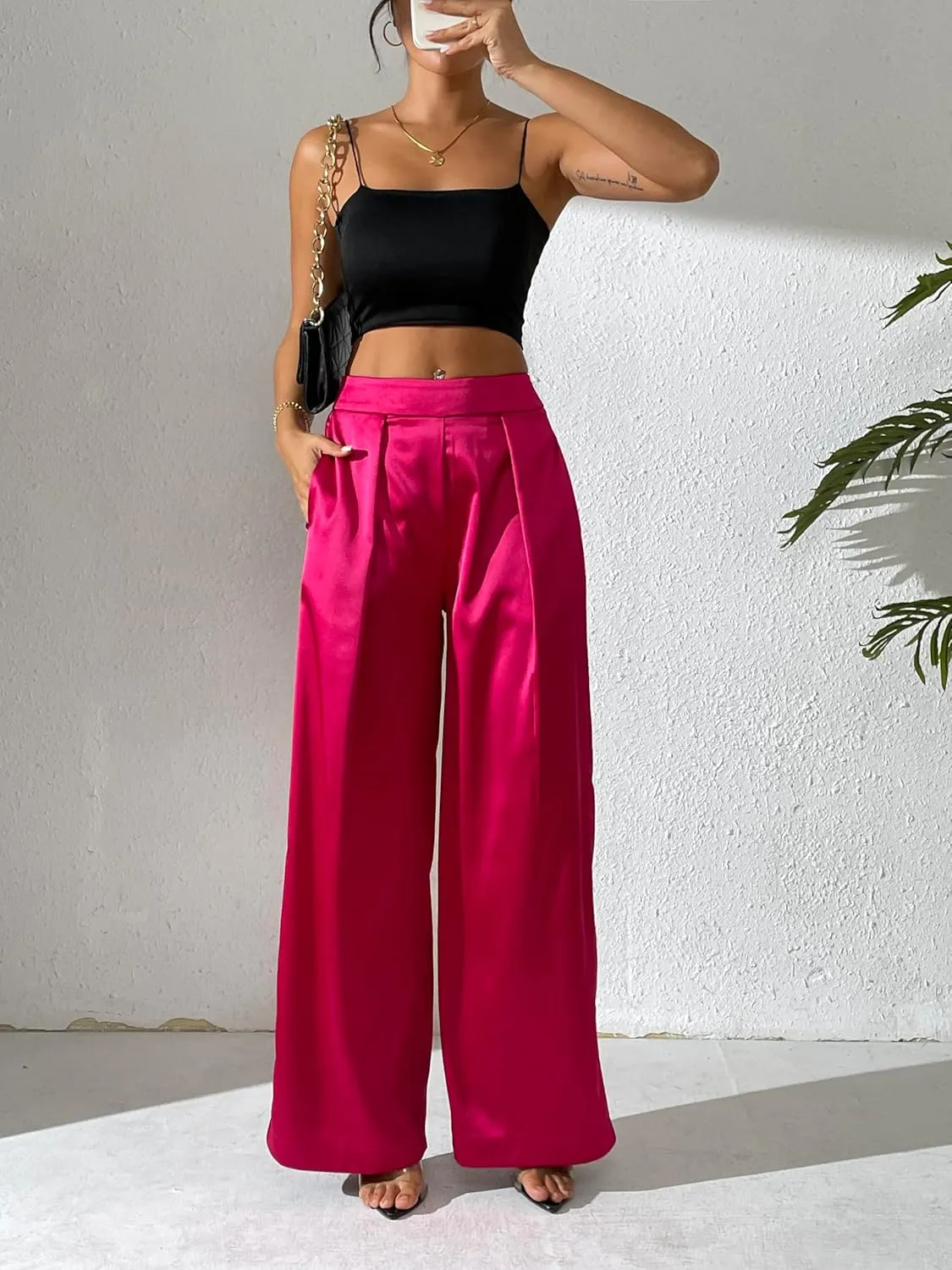 Women's Satin Wide Leg Palazzo Pants Plicated Silky Pull on Party Dress Casual Pant Trouser