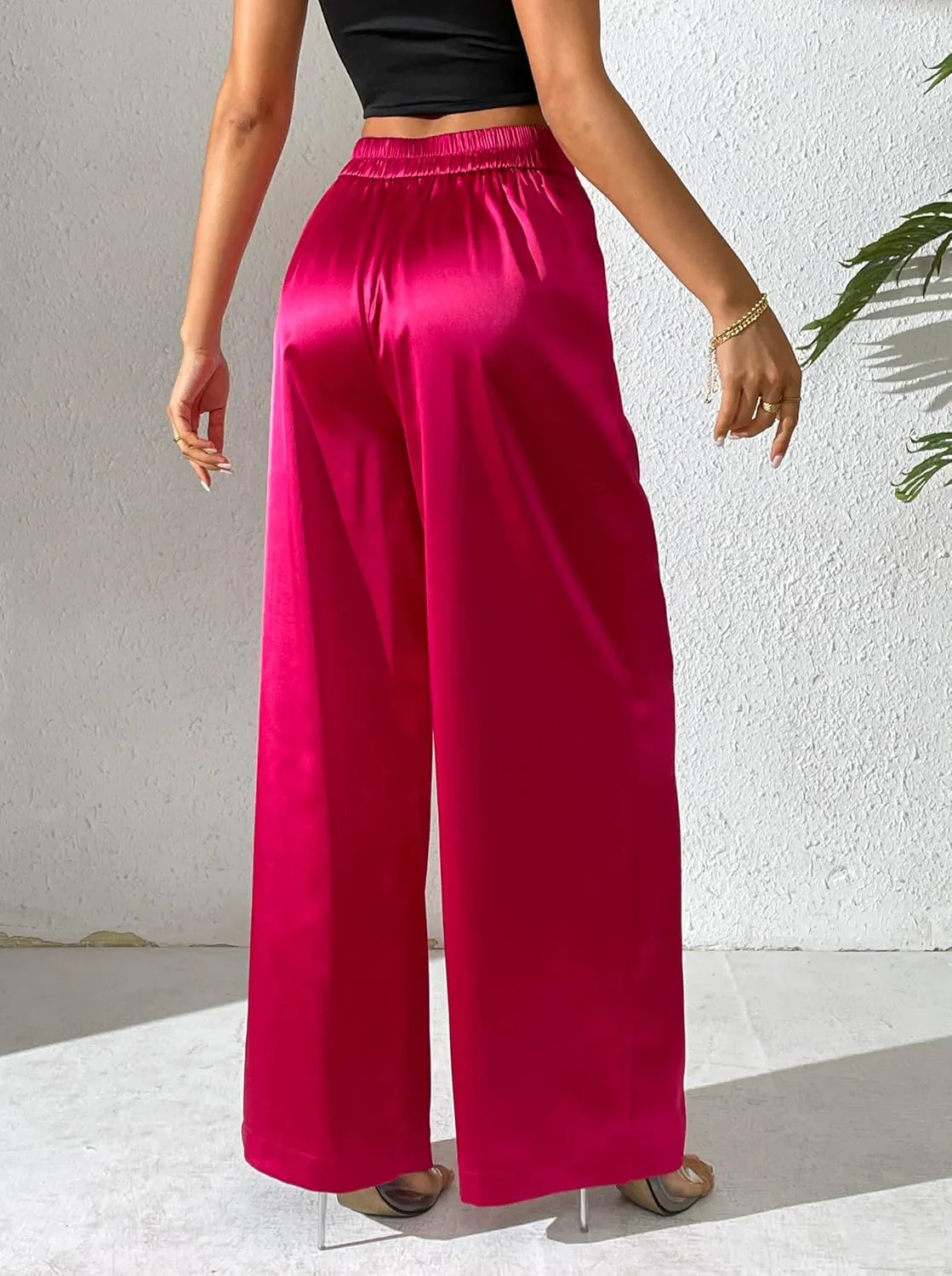 Women's Satin Wide Leg Palazzo Pants Plicated Silky Pull on Party Dress Casual Pant Trouser
