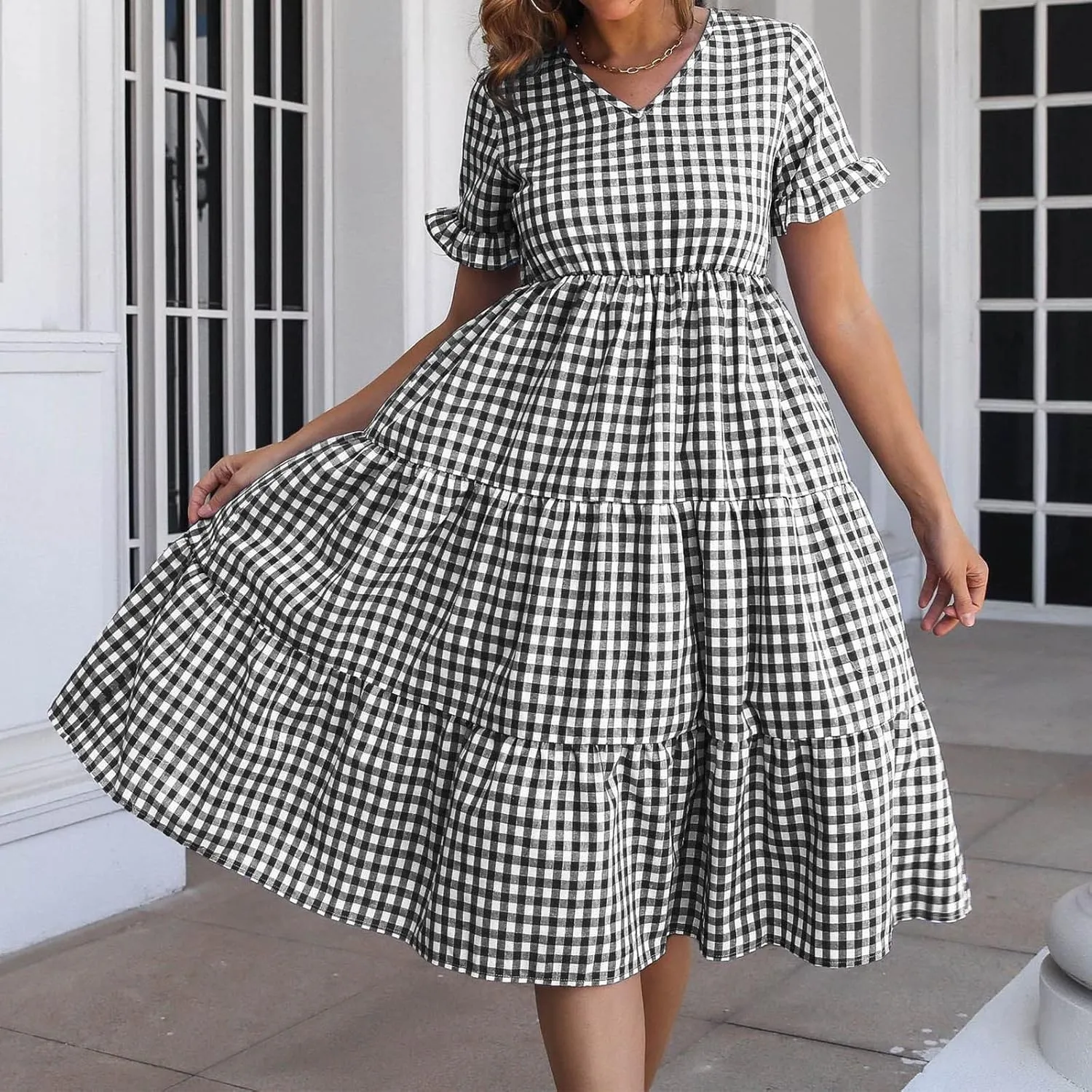Womens Short Sleeve Dresses Summer Fashion Casual V Neck Plaid Print Ruffles Pleated Smocked Loose Swing Mini Dress