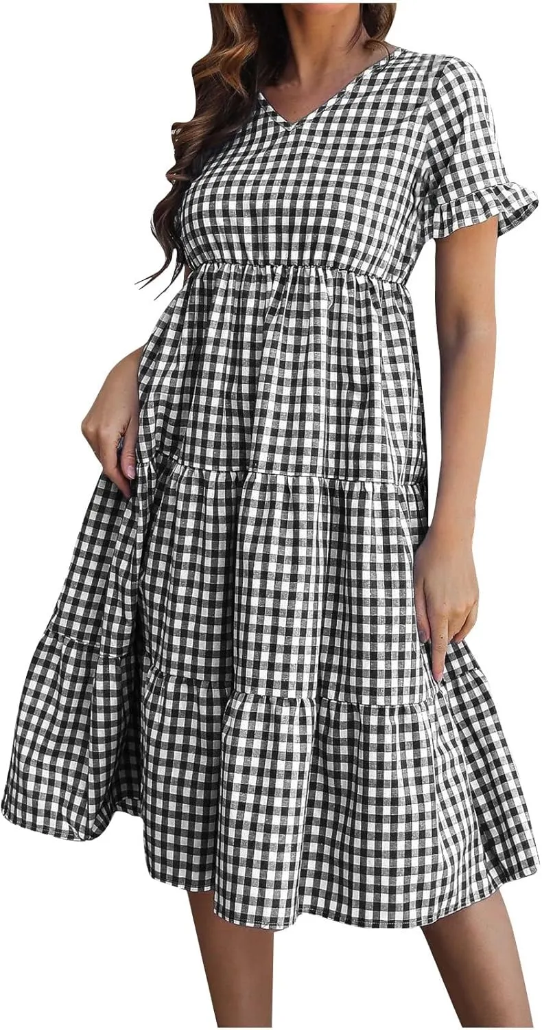 Womens Short Sleeve Dresses Summer Fashion Casual V Neck Plaid Print Ruffles Pleated Smocked Loose Swing Mini Dress