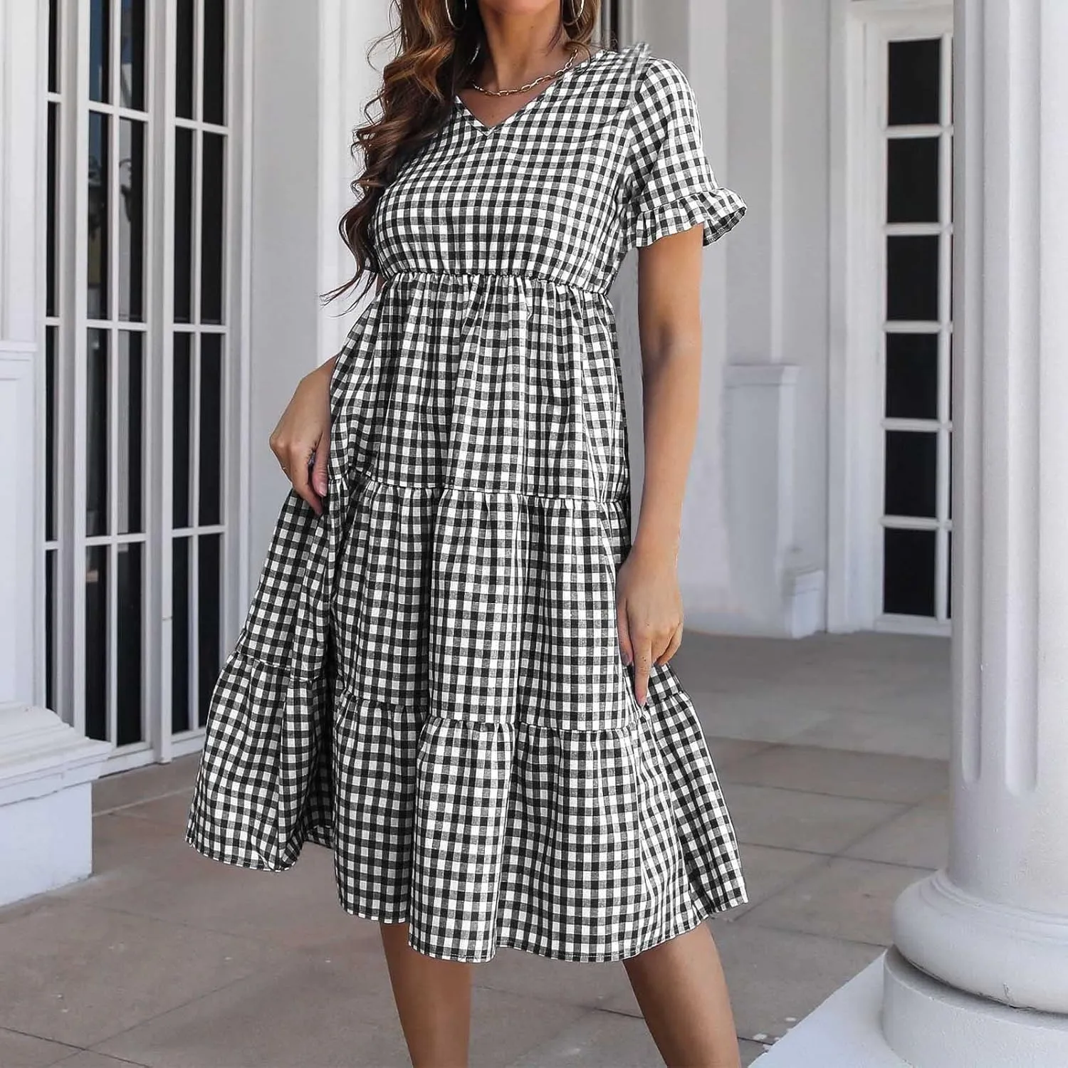Womens Short Sleeve Dresses Summer Fashion Casual V Neck Plaid Print Ruffles Pleated Smocked Loose Swing Mini Dress